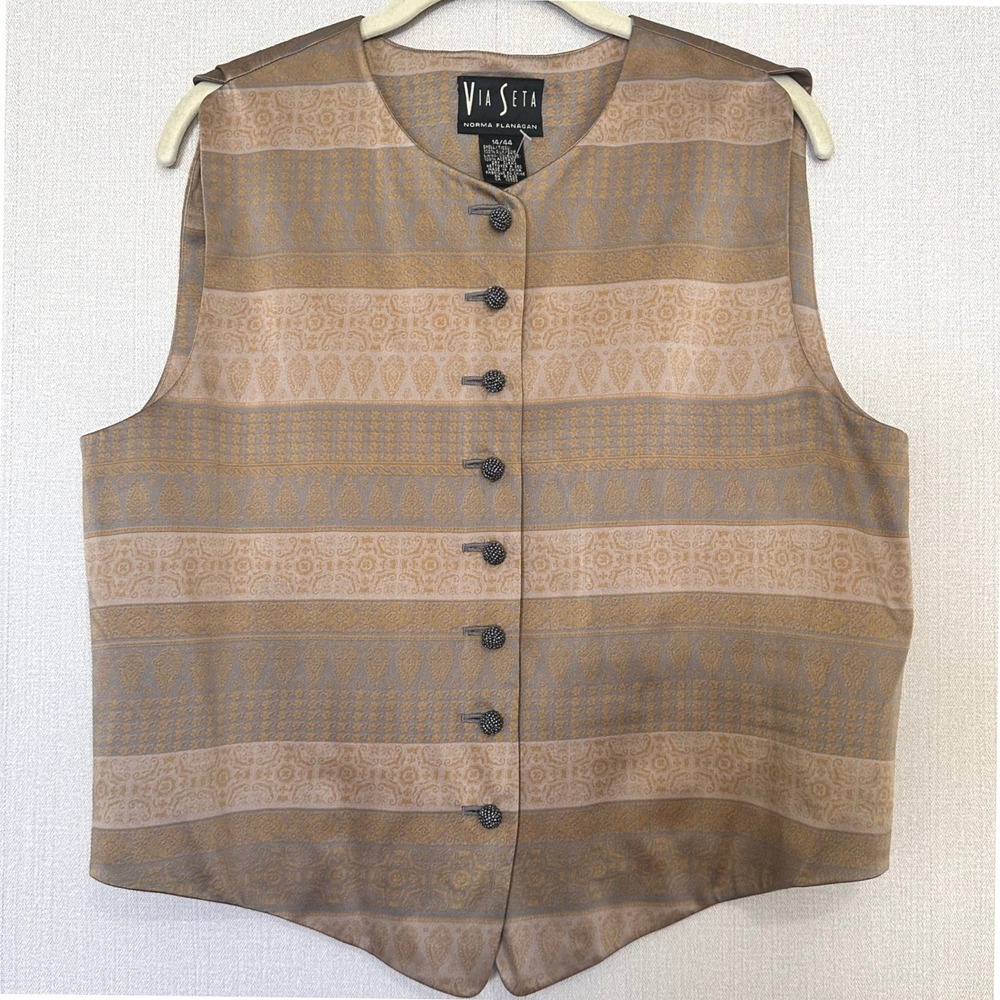 Vintage‎ Silk Jacquard Vest Beaded Buttons Gray Gold Waistcoat Womens 14